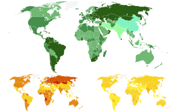 Male:Female ratios of suicide rates. Green means higher prevalence of male suicides. Below are the male and female standardised suicide rates used to derive the ratios.
.mw-parser-output .div-col{margin-top:0.3em;column-width:30em}.mw-parser-output .div-col-small{font-size:90%}.mw-parser-output .div-col-rules{column-rule:1px solid #aaa}.mw-parser-output .div-col dl,.mw-parser-output .div-col ol,.mw-parser-output .div-col ul{margin-top:0}.mw-parser-output .div-col li,.mw-parser-output .div-col dd{page-break-inside:avoid;break-inside:avoid-column}.mw-parser-output .plainlist ol,.mw-parser-output .plainlist ul{line-height:inherit;list-style:none;margin:0}.mw-parser-output .plainlist ol li,.mw-parser-output .plainlist ul li{margin-bottom:0}
No data
Less than 1.0 : 1
Less than 1.7 : 1
Less than 3.0 : 1
Less than 4.0 : 1
Above (or equal to) 4.0 : 1 Male-Female suicide ratios and rates 2015 (age-standardized).svg