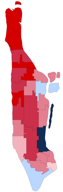 Results by Manhattan assembly district. Colors are as above with the following additions:
Harding--30-40%
Cox--40-50%
Cox--80-90% Manhattan U.S. President results 1920.png