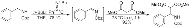 Lithiated benzylamine reacts with N-tert-butylbenzenesulfinimidoyl chloride to give an imine, which then reacts with dimethyl malonate to give a Mannich base.