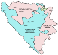 Bosnia and Herzegovina consists of the Federation of Bosnia and Herzegovina (FBiH), the Republika Srpska (RS), and the Brcko District (BD). Map Bih entities.png