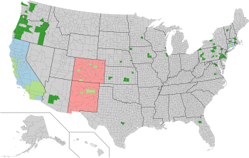 Sanctuary Cities in the United States (Feb 2017)
.mw-parser-output .legend{page-break-inside:avoid;break-inside:avoid-column}.mw-parser-output .legend-color{display:inline-block;min-width:1.25em;height:1.25em;line-height:1.25;margin:1px 0;text-align:center;border:1px solid black;background-color:transparent;color:black}.mw-parser-output .legend-text{}
State has legislation in place that establishes a statewide sanctuary for illegal immigrants
County or county equivalent either contains a municipality that is a sanctuary for illegal immigrants, or is one itself
All county jails in the state do not honor ICE detainers
Alongside statewide legislation or policies establishing sanctuary for illegal immigrants, county contains a municipality that has policy or has taken action to further provide sanctuary to illegal immigrants
*Map is based on data published by ICE in a February 2017 report outlining jurisdictions that have declined ICE detainers. Map of Sanctuary Cities and Counties in the United States.svg