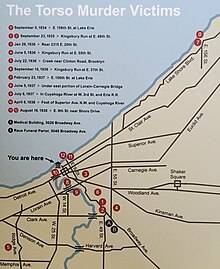 Map showing where victims in Torso Murders were found.