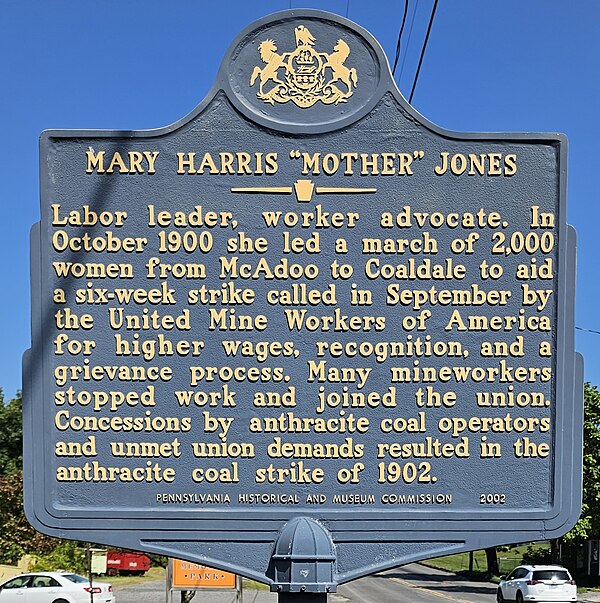 Pennsylvania state historical marker for Mother Jones in Coaldale, Schuylkill County