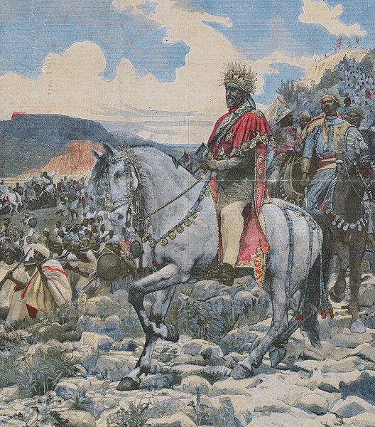 Menelik II observes the battle of Adwa against the Italian invasion army in 1896. Le Petit Journal, 1898.