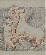 Drawing of a man fighting a centaur.