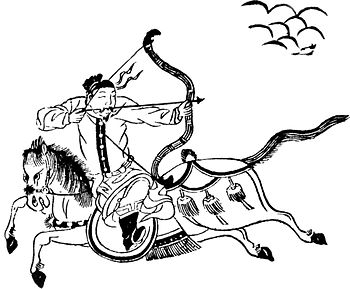 A mounted archer of the Ming Dynasty Army fires a parthian shot