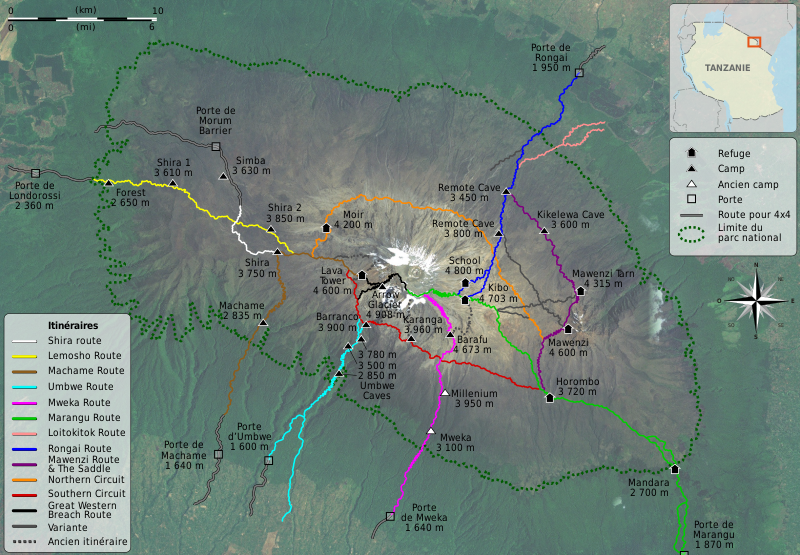 Mount Kilimanjaro Climbing Routes and Huts photomap-fr