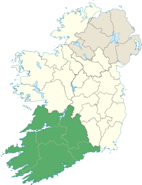 Carte représentant le Munster en Irlande, occupant la partie sud-ouest de l'île.