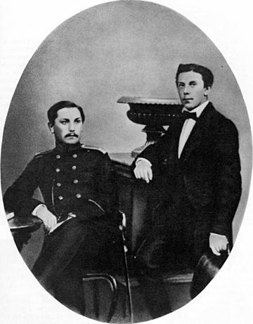 The aristocratic Mussorgsky brothers—Filaret (also known as "Yevgeniy", left), and Modest (right), 1858.