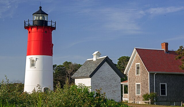 Nauset Light, oil house and lightkeeper's home on the Cape Cod National Seashore