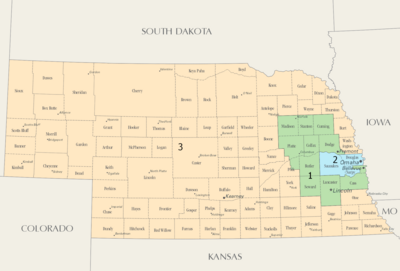Mapa Nebraski z podziałem na hrabstwa i okręgi wyborcze do Izby Reprezentantów USA