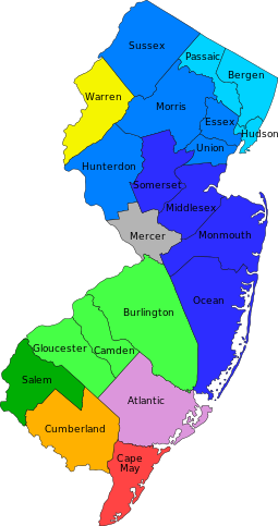 Metropolitan statistical areas and divisions of New Jersey. The New York City Metropolitan Area includes the counties shaded in blue hues, as well as Mercer and Warren counties, the latter representing part of the Lehigh Valley. Counties shaded in green hues, as well as Atlantic, Cape May, and Cumberland counties, belong to the Philadelphia Metropolitan Area. New Jersey Counties by metro area labeled.svg