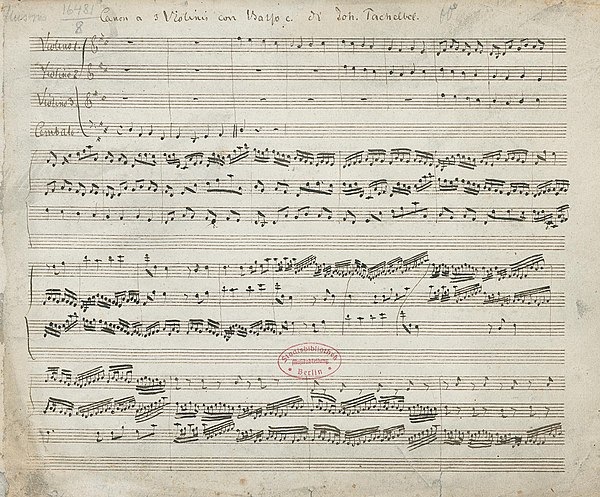 First page of manuscript 16481-8 at Berlin State Library—oldest surviving copy of Pachelbel's "Canon and Gigue in D major"