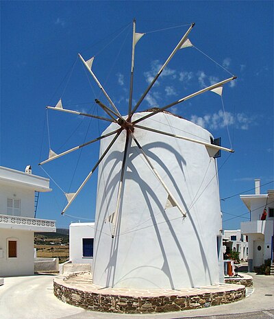 A windmill in Marpissa is of the traditional Cyclades design.