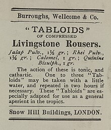 An advertisement from 1896 for a medicine containing calomel. Pharmaceutical advert for "Tabloids" Livingstone Rousers. Wellcome L0074492.jpg