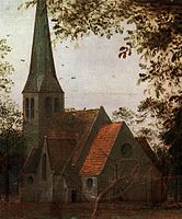 Painting detail of a church. Its steeple is to the left. A withered tree stbefore the church.