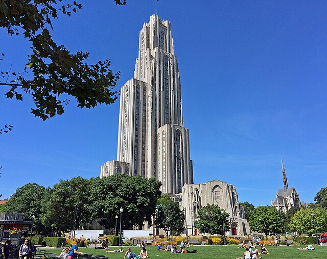 The lower campus, the traditional heart of the university, is typified by Gothic Revival architecture including Heinz Chapel (right) and the Stephen F