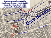 Emplacement de la place de la Gare créée en 1846 indiquée sur fond de plan de 1822