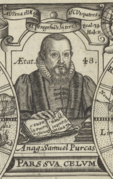 Portrait of Samuel Purchas - Purchas his Pilgrimes - engraved title page dated 1624.png