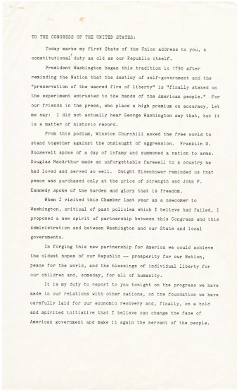 The text of the first page of Ronald Reagan's first State of the Union Address, given January 26, 1982