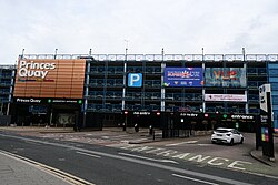 Both pedestrian and car park entrances to the Princes Quay Shopping Centre on Waterhouse Lane, Kingston upon Hull.