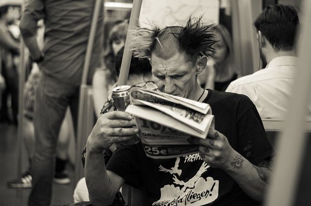 A member of the punk subculture riding the Vienna U-Bahn