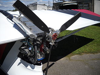 A Warp Drive propeller mounted to a Rotax 582 two stroke aircraft engine on a Quad City Challenger II. Quad City Challenger II C-IMOM Warp Drive Propeller.JPG