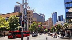 Queen Street by Aotea Square. The SkyCity Village Cinemas is visible in the background. Queen Street, Midtown.jpg