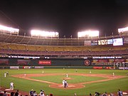 A Nationals game in June 2005 at Robert F. Kennedy Memorial Stadium, where the team played from 2005 to 2007 RFK Stadium baseball.JPG