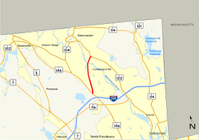 Rodovias na área de Woonsocket do norte de Rhode Island são mostrados em um mapa.  Route 99 é destacado, correndo para o sul para o norte por 3 milhas da rota 146 em Lincoln para Route 122 em Woonsocket.