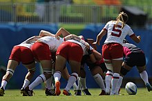 During a scrum in rugby sevens, three players from each team participate instead of eight. Rugby Feminino Canada vs. Japao 06.jpg