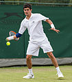 Rui Machado competing in the first round of the 2015 Wimbledon Qualifying Tournament at the Bank of England Sports Grounds in Roehampton, England. The winners of three rounds of competition qualify for the main draw of Wimbledon the following week.