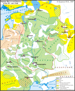 Ethnic groups in Eastern Europe in the late 9th-century and early 10th-century. Green represents Slavic tribes, orange represents Baltic tribes, and yellow represents Finno-Ugric tribes. Rus-10c-ethn.png