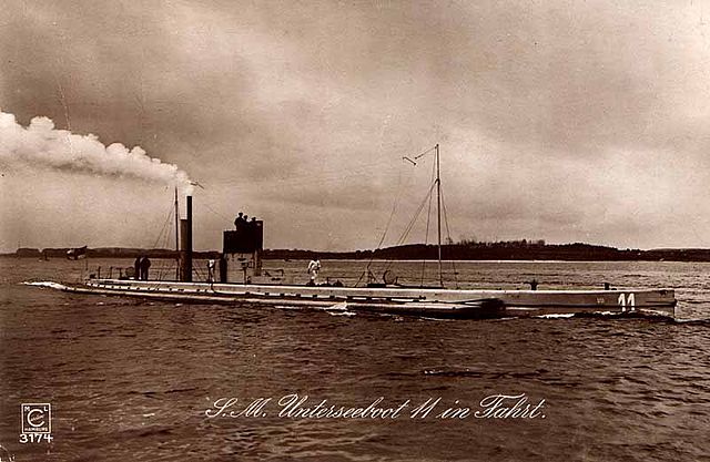 The German submarine U-14, showing the kerosene vapour trail.