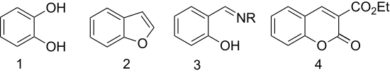 Catechol, benzofuran, a salicylaldehydimine (R = alkyl or aryl), 3-carbethoxycoumarin Salicylaldehyde Derivatives.svg
