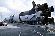 S-IC-T at Kennedy Space Center in 2017, before being put in the indoor display hall Saturn V, rocket display.jpg