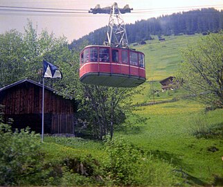 Schilthornbahn cable car gondola approaching Gimmelwald, 1977 photo