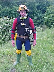 Simplified British cave diving sidemount harness, front view.