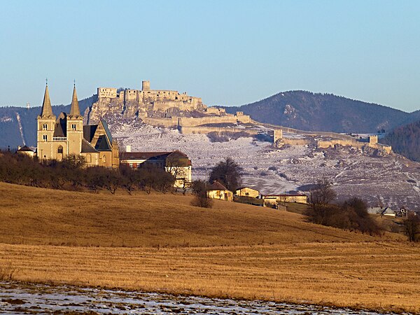 Spišská Kapitula (German: Zipser Kapitel) and Spiš Castle (German: Zipser Burg), as seen in winter time.