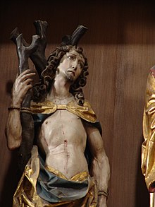 Detail of Saint Sebastian, polychrome wood sculpture by Riemenschneider. St. Sebastian.jpg