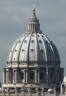 Cúpula central de la Basílica de San Pedro, en el Vaticano, diseñada por Miguel Angel, tiene 42,5 m de diámetro y 132 de altura.