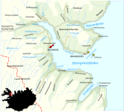 Map detail of Bjarnarfjörður, Steingrímsfjörður, and Kollafjörður with the villages Hólmavík and Drangsnes, and the island Grímsey