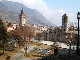 View of the old town of Susa, on the left the cathedral, on the right the tower of the former church of Santa Maria Maggiore