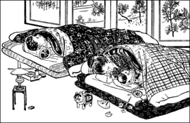 Typical Tokyo family sleeping arrangements of 1910