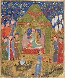 Genghis Khan ascended the throne in the Ikh Khuraldai region in the Onan river, from the Jami' al-tawarikh. Temujin proclaimed as Genghis Khan in 1206 Jami' al-tawarikh manuscript.jpg