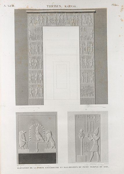Pl.60 - Élévation de la porte extérieure et bas-reliefs du petit temple du sud