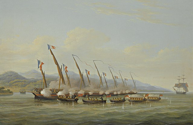 Captain Robert Maunsell capturing French Gunboats off the mouth of the Indramayo, July 1811