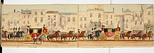 Part of the procession, from a long "tableau" print, by Robert Tyas, the carriages of the queen's uncles, the royal dukes of Sussex and Cambridge The Tableau of the procession at the coronation of Queen Victoria, June 28, 1838 - being an accurate representation of that splendid pageant; with a view of Westminster Abbey, the houses throughout (14594438140).jpg