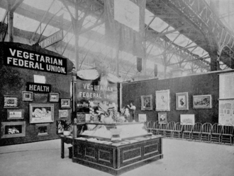The Vegetarian Federal Union's stall at the Chicago World's Fair in 1893. The Vegetarian Federal Union's Stall at the World Fair in Chicago in 1893.png