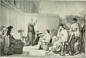 Ilustração mostrando Pitágoras ensinando uma classe de mulheres.